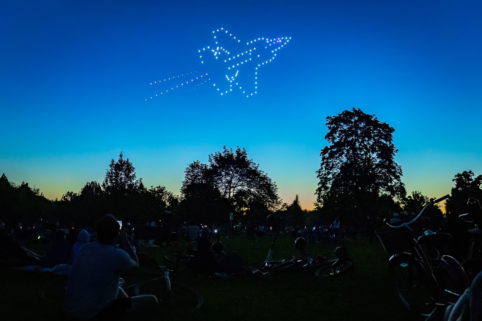 Foule admirant un spectacle de drones lors d'une fête communale du 14 juillet